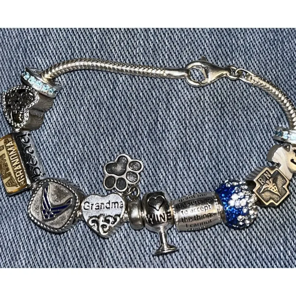 Sterling Silver Fully Loaded Charm Dangle Slider Bracelet all mark 925